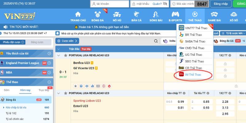IM Sports Vin777 - Hướng Dẫn Tham Gia Sảnh Cược Thể Thao 3 Tại trang chủ chọn IM Sports Vin777